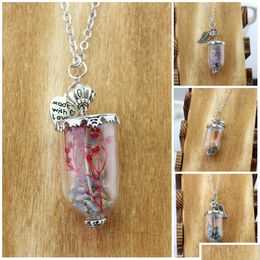 Pendant Necklaces Supernatural Angel Wing Leaf Rock Salt Bottle Protection Glass Real Dry Flower Necklace Drop Delivery Jewellery Neck Dheze