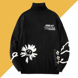 Men's Sweaters Thicken Sweater Men Pullover Male Black Loose Feel Winter Warm Jersey High Neck Knitwear Women Flower Female Jumper Top