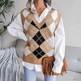 Women's Vests women knitted sweater vest pullover autumn college style loose V-neck elegant fashion casual diamond sweaters 221109