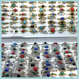 With Side Stones Wholesale 50Pcs Sier Plated Gold Women Turquoise Stone Rings Ring Lady Girls Jewellery Size 16 17 18Mm Drop Delivery Dhoss