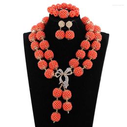 Necklace Earrings Set Elegant Women Bridal Coral Jewellery Nigerian Wedding Bead Balls Costume Christmas Gift CNR124