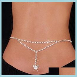 Belly Chains Sexy Rhinestone Butterfly Belly Chains Sier Body Jewellery For Women Beach Bikini Cystal Waist Lower Back Chain Drop Deliv Dhmsv