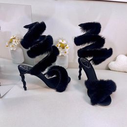 Rene Caovilla Sandals Top-quality Margo Leather and Fur Heels Sandals Rhinestone Embellished Snake Stiletto Heel Luxury Designers Ankle Wraparound Shoe 42lq