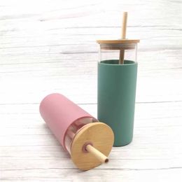 480ml 16oz Glass Mug Juice Cup Milk Mugs With Silicone Sleeve Bamboo Lid and Straw Enviroment-friendly Novelty Tumbler Wine Bottle Office
