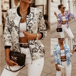 Women's Jackets Bikoles Flower Print Long Sleeve Bomber Jacket Fashion Zipper Up Vintage Coat Tops Elegant Slim Basic Ladies 221109