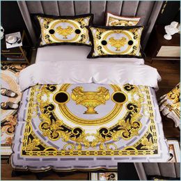 Bedding Sets Highend French Italy Design Yellow Pattern Print 4Pcs King Queen Size Quilts White Blue Gold Bed Sheet Luxury Bedding S Dhawc