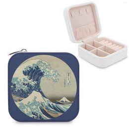 Jewellery Pouches Great Wave Off Kanagawa Circle Storage Box Mini Leather Double Layer Organiser For Jewellery Travel Case Japan