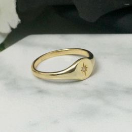 Wedding Rings Classic Gold Colour Engagement Ring Fashion Design Engraved Star Single CZ Stone Simple Delicate Women Jewellery Drop