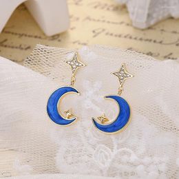 Dangle Earrings Small Dreamy Japanese And Korean Xiaoqing Star Moon Blue Enamel Zircon