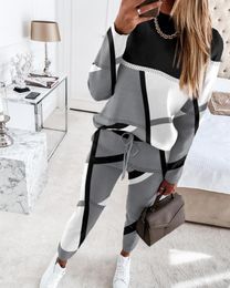 Women's Two Piece Pants Sets Womens Outifits 2022 Autumn Fashion Geometric Print O-Neck Long Sleeve Top & Casual Drawstring Set