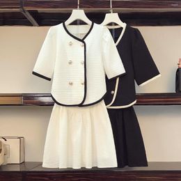 Two Piece Dress Summer Small Fragrance Double Breasted Set Women Crop Blazer Top Coat Mini A-Line Skirts Sets Sweet 2 Suits