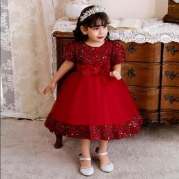 Girl Dresses Short Sleeves Beads Sequins Baptism Dress For Girls First Year Birthday Party Wedding Red Baby Clothes Tutu Fluffy Gown