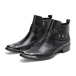 Iron Head Black Men's Ankle Boots Handmade Genuine Leather Shoes Zip Buckles Rock Fashion Botas Hombre Big Sizes