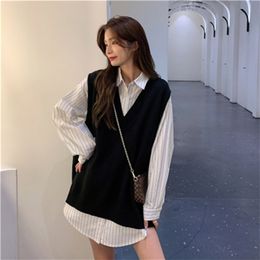 Women's Vests Korean Style Knitted Sweater Vest Women Oversize Solid V-neck Soft Basic Tops Autumn Winter Sleeveless Black Knitwear H1456 221109