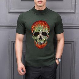 Men's Sweaters Trendy Skull Character Design HD Rhinestone Sweater Hip Hop Pattern Casual Knitted Brand Men's T-Shirt Short Sleeve