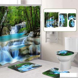 Shower Curtains 3D Waterfall Scenery Waterproof Shower Curtain Bathroom Landscape Trees Flower Bath Mat Set Pedestal Rug Lid Toilet Dhqzy