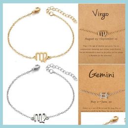 Charm Bracelets 12 Constellations Charm Bracelets With Card Zodiac Horoscope Pattern Chain Bracelet Fashion Jewellery Gifts For Women Dhkr4