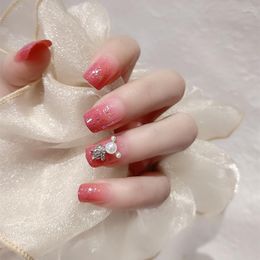 False Nails Long Fake Pearl Inlaid Square Head Nail Stickers Glue Type Finished 24 Patch Sticker