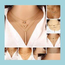 Pendant Necklaces Choker Collier Necklaces Boho Pearls Diamond Chain Mtilayer For Women Men Bar Layered Tassel Metal Gold Necklace D Dhuc3