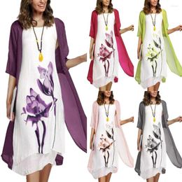 Work Dresses 2Pcs/Set Vintage Flower Ink Painting Sleeveless Dress Sundress Loose Midi Cardigan 2 Piece Set Women Clothes