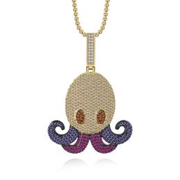 Hip Hop Crystal Octopus Pendant Necklace Copper Iced Out Cubic Zircon Cuttlefish Jewelry Link Chain Gift For Men Necklaces230M