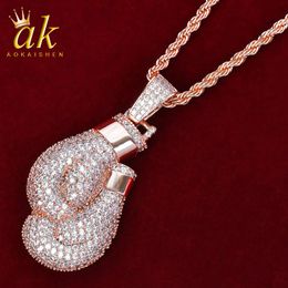 Gloves Shape Necklace for Men Gold Colour Material Copper Full Cubic Zircons Hip Hop Jewellery With Rope Chain308P