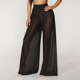 Women's Pants Capris Women See Through Boho Wide Leg High Waist Trousers Beach Long Loose Mesh Sheer 221109