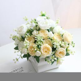 Decorative Flowers White Silk Artificial Roses Wedding Home Room Autumn Decoration Pink Champagne Luxury Fake Flower Arrangement Bulk