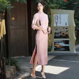 Ethnic Clothing Female Qipao Mandarin Collar Pink Cheongsam Vestidso Elegant Chinese Dress Printed Flower Novelty Satin Evening Party Gown