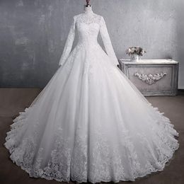 Suknie ślubne księżniczki koronkowe wysokie kołnierz długie rękawy Zastosowana gwiazda suknia balowa suknie ślubne muzułmańskie vestido de noiva 328 328