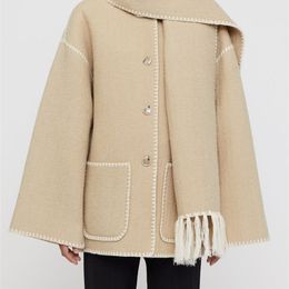 Women's Wool Blends Women Fringe Scarf Collar Coat Double-sided Woolen Single Breasted Autumn Winter Loose Embroidery Trim Female Casual Jacket 221110