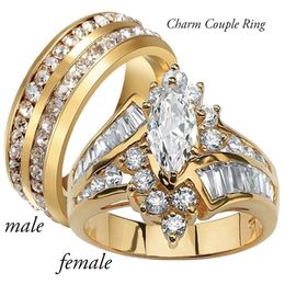 Fashion Couple Rings Women Marquise Cut Crystal Ring Men's Two Rows CZ Stone Stainless Steel Ring Fashion Jewellery For Lovers