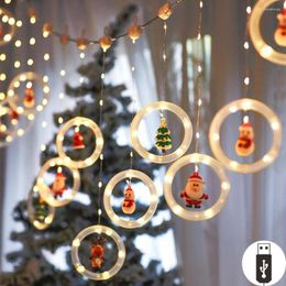 Strings Christmas LED Ring Lamp String Novelty Xmas Hanging Lights With USB Plug Santa Claus Doll Curtain Warm White Light Icicle