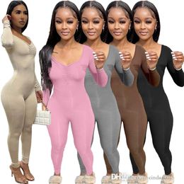 Womens Spring Jumpsuits New Sexy Tight V-neck Pleated Solid Colour Long Sleeve One-piece Pants
