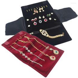 Jewelry Pouches Burgundy And Black Velvet Mini Small Storage Roll Pack Traveling Portable Ring Earring Bracelet Pendant Bag