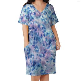 Plus Size Dresses Tie Dye Blue Pink Casual Dress Women Aesthetic Art Modern Summer V Neck Street Wear Pattern