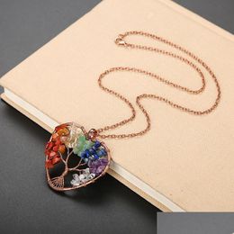 Pendant Necklaces Handwork Chakra Heart Pendant Necklace Wire Natural Stone Beads Tree Of Life Necklaces For Women Children Fashion Dhm7M