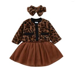 Girl Dresses Baby Girls Four-Piece Suits Short Sleeve Romper Leopard Print Coat Tulle Skirt Headwear For Party