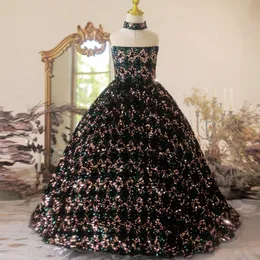 Gold Sequined Flower Girl Dresses For Wedding Black Lace Long Sweep Train Toddler Pageant Gowns Appliqued Ball Gown Kids Prom Birthday Dress 403