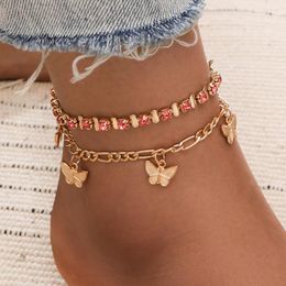 Anklets Bohemia Multilayer Foot Ring Sweet Pink Anklet Set Leg Jewellery Butterfly Charm For Women Girl Party Accessories