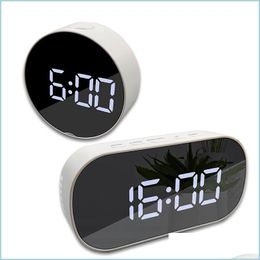 Desk Table Clocks Portable Digital Display Alarm Table Clock Night Light Round Oval Mirror Led Large Bedside Clocks Drop Delivery Dhhys