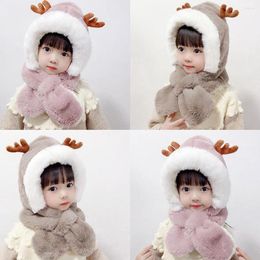 Hats Kawaii Ear Caps Cartoon Fashion Cute Antler Scarf One-pieces Hat Warm Thick Cold-proof Winter Autumn For Boy Girl