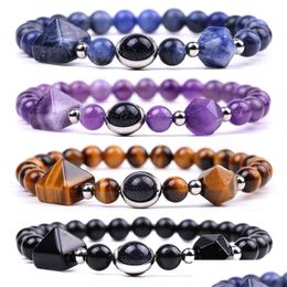 Beaded Natural Pyramid Faceted Stone Strand Bracelet Semiprecious Amethyst Rose Quartz Tiger Eye Beaded Yoga Obsidian Sodalite Brace Dhgid