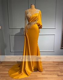 Long Sleeves Muslim Evening Dresses Beading Pearls Birthday Party Gowns Mermaid Arabic Dubai Formal Prom Dress