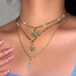 Luxus Designer Schmuck Punk Religiöse Jungfrau Maria Münze Anhänger Kette Halskette Set Für Frauen Goldene Mehrschichtige Kristall Kreuz Lange Cha210h