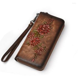 Wallets Genuine Leather Women Long Female Wallet Printing Flower Womens Pures With Coin Pocket Phone Pouch Ladies Pure Wrist