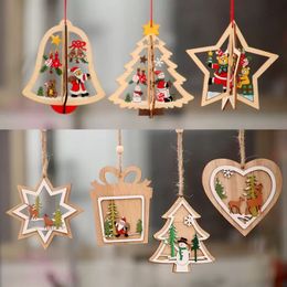 Christmas Tree Pattern Wood Hollow Snowflake Snowman Bell Hanging Decorations Colorful Home Festival Ornaments Hanging