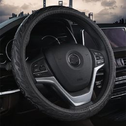 Steering Wheel Covers Car 38cm Four Seasons Luxury Genuine Leather Cover 3D Anti-skid Pattern Auto Styling Blk