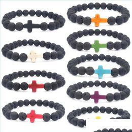 Beaded Lava Stone Beaded Strand Bracelets Natural Black Essential Oil Diffuser Elastic Cross Bracelet Volcanic Rock Hand Strings Jew Dhfse