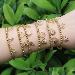 Charm Bracelets Charm Bracelets 6Pcs Pave Zircon Heart Star Sun Small Pendant Bracelet Elastic Beads Chain Women Couple Bangle Fashi Dhpn0